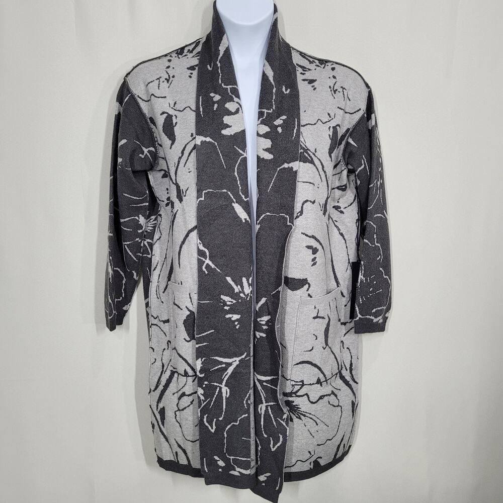 Liverpool Long Open Front Cardigan Patch Pockets Sketchy Floral Jacquard Large